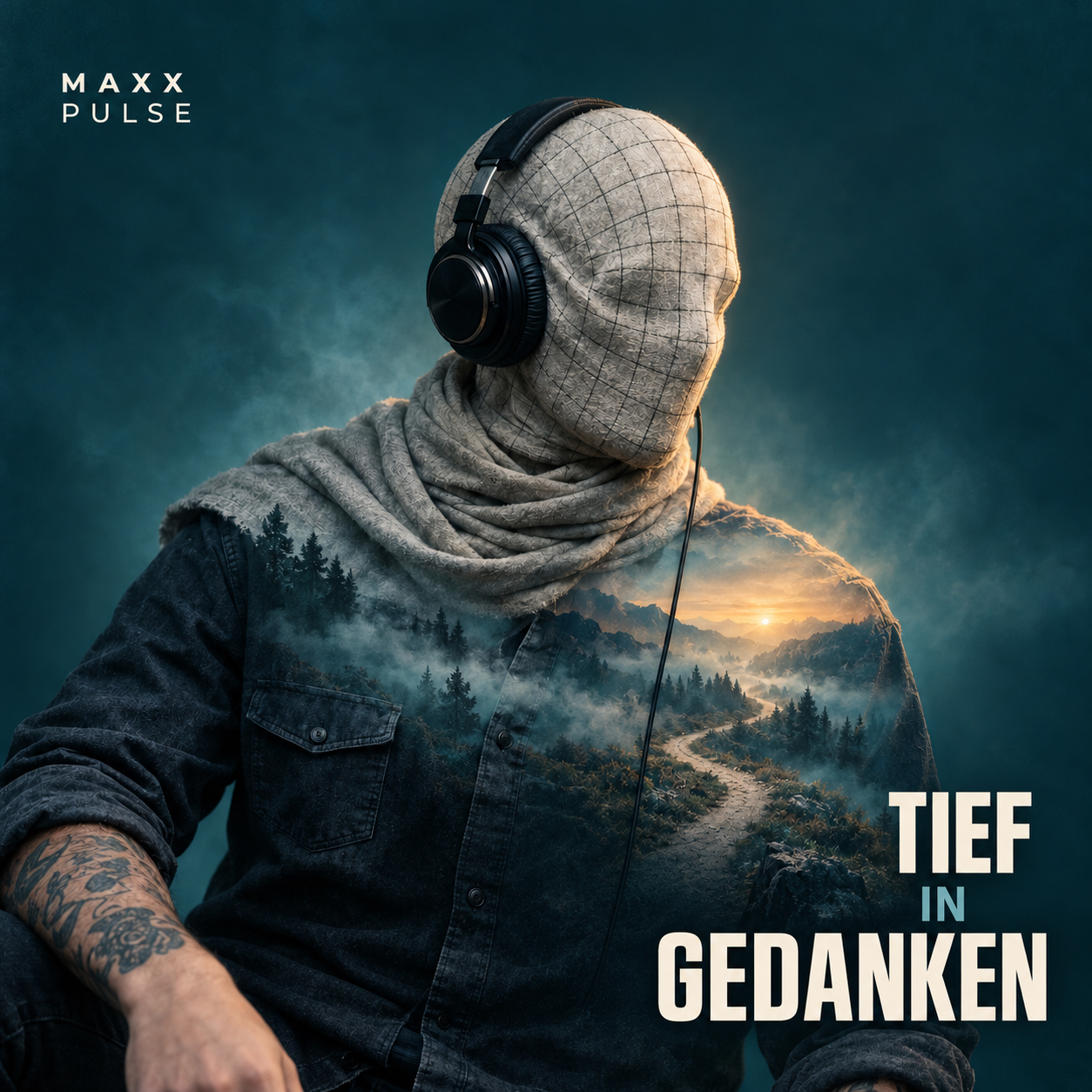 Tief in Gedanken: Maxx Pulse mit Gittermaske und Kopfhörern, als Doppelbelichtung mit einem Waldweg im Morgenlicht.